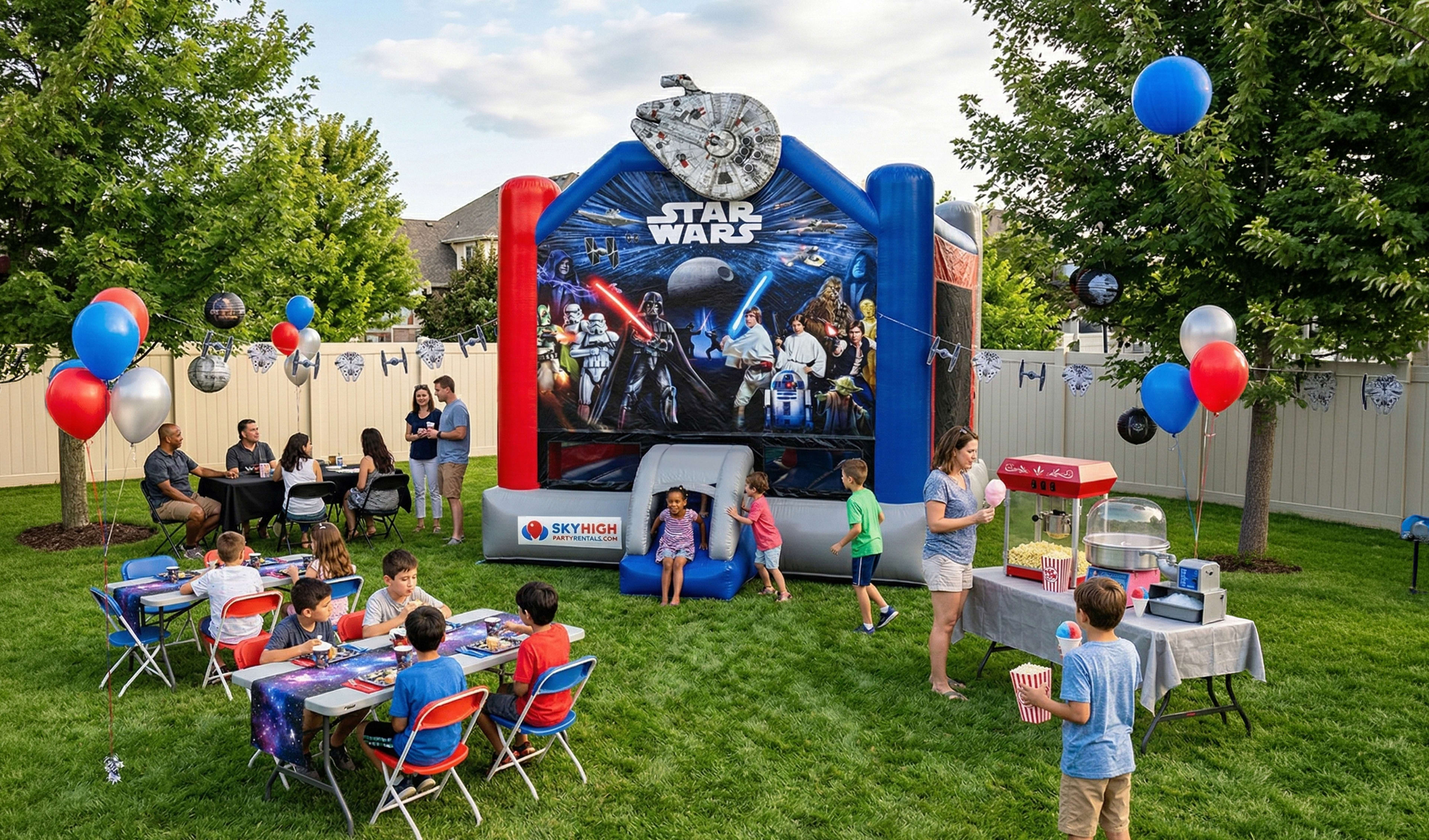 Kids in Houston playing at a complete Star Wars-themed party rental setup, including an inflatable moonwalk with character art, the Death Star, and a giant Millennium Falcon topper. Children are seen using the slide and eating snacks like popcorn. Adults 