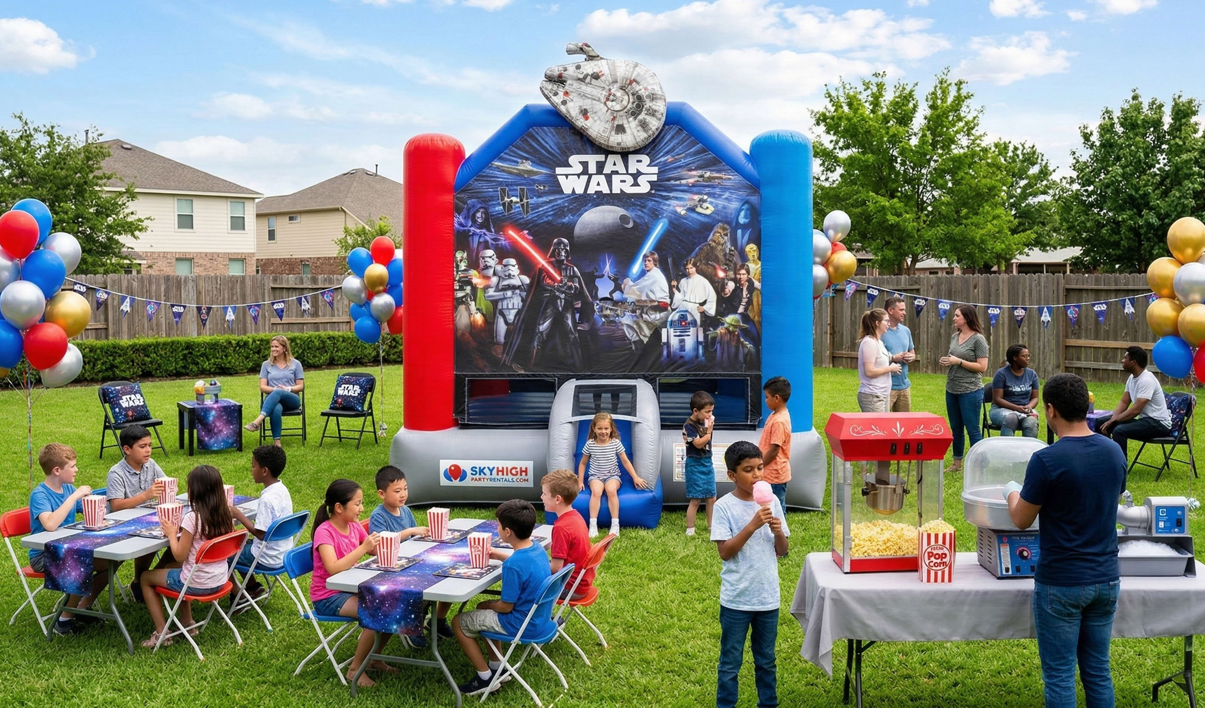 Children actively bouncing and sliding on a highly detailed Star Wars inflatable combo unit from Sky High Party Rentals during a backyard celebration in San Antonio. The image shows a full-service party setup with themed seating, a food station, and decor
