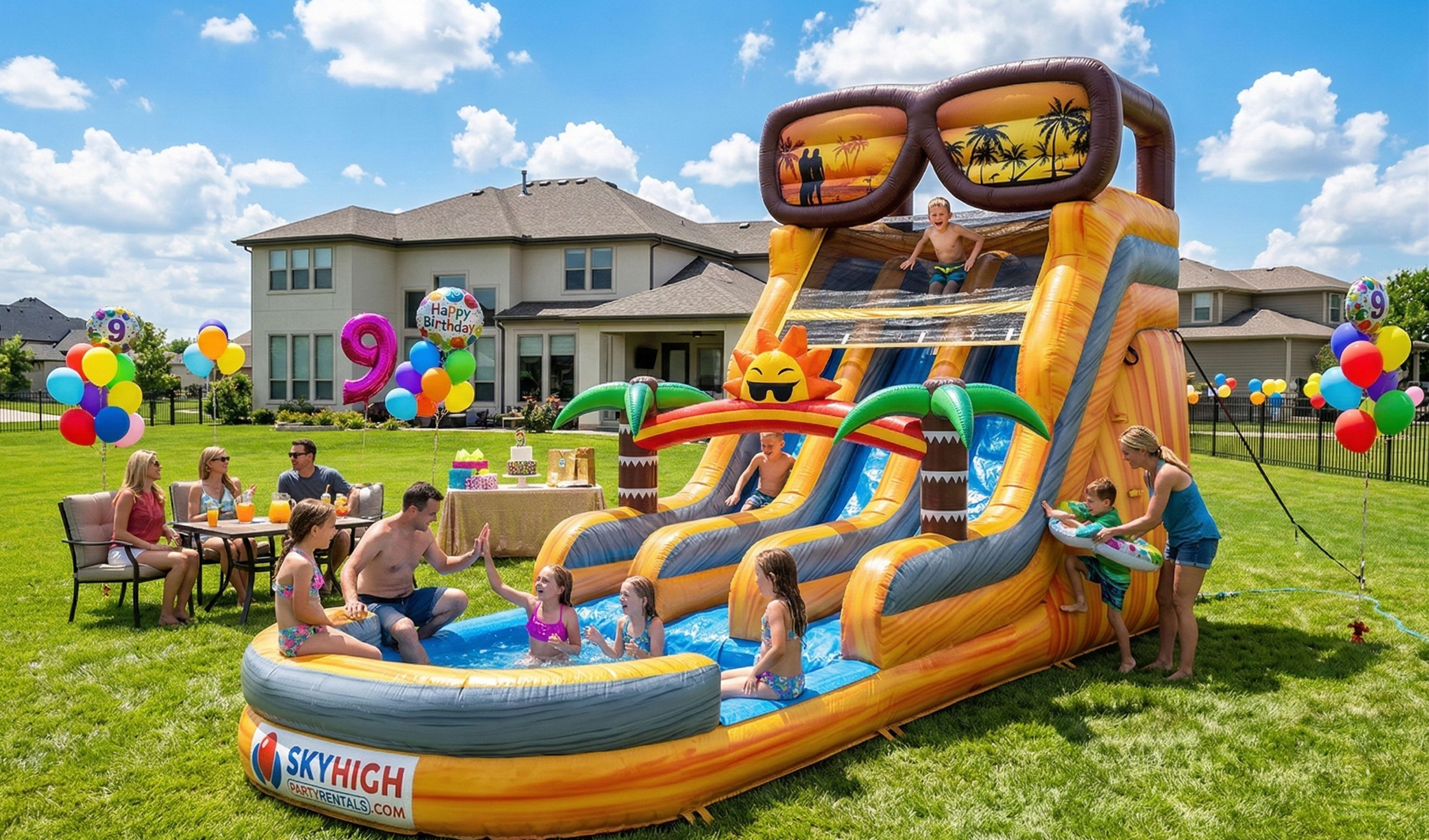 "Sunny Shades" double-lane inflatable water slide with a splash pool at a backyard birthday party in Houston. The slide features giant sunglasses and palm tree decor, with children sliding and playing with beach balls while adults supervise. Premium summe