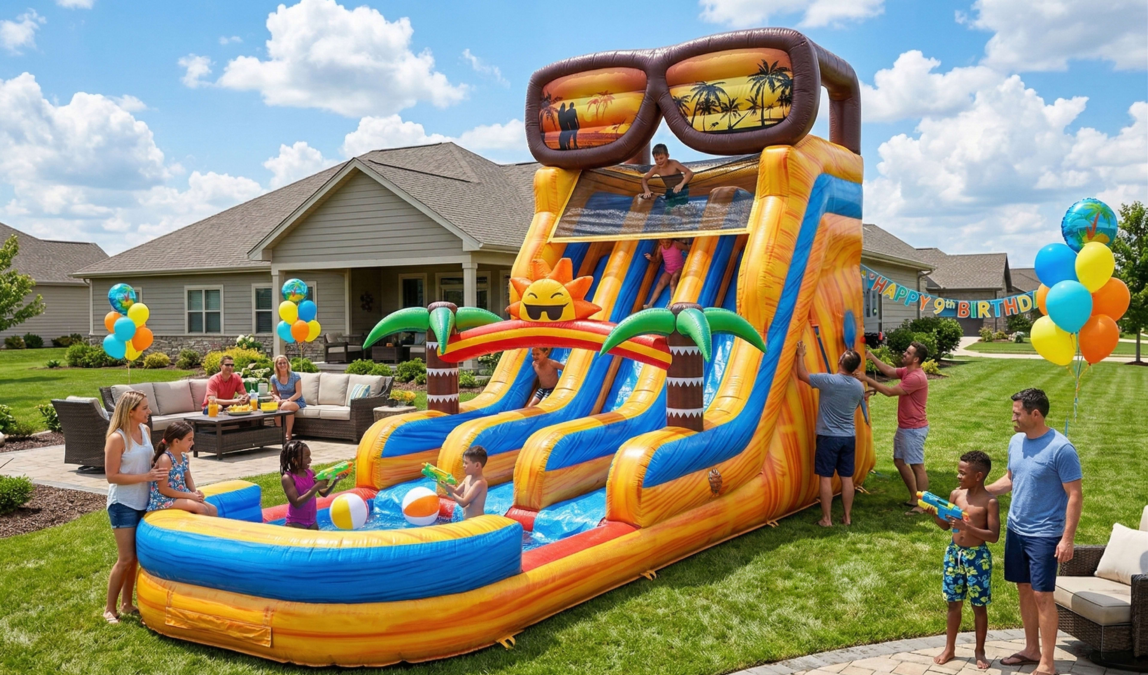 Vibrant dual-lane tropical water slide rental set up for a 9th birthday celebration in a suburban Austin backyard. The scene includes colorful balloon bouquets, patio seating for guests, and children enjoying the inflatable attractions. We offer full-serv