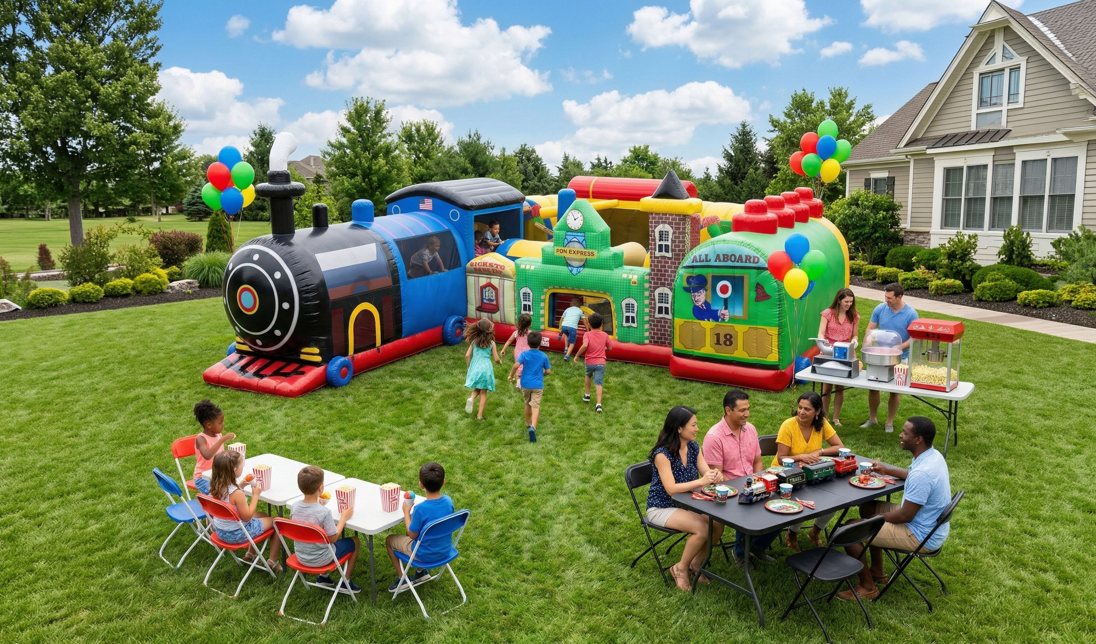 All Aboard" themed inflatable train combo with a slide and climbing area at an outdoor kids' party. The setup includes red and blue seating for children, themed table decor, and professional concession equipment. This premium party attraction is perfect f