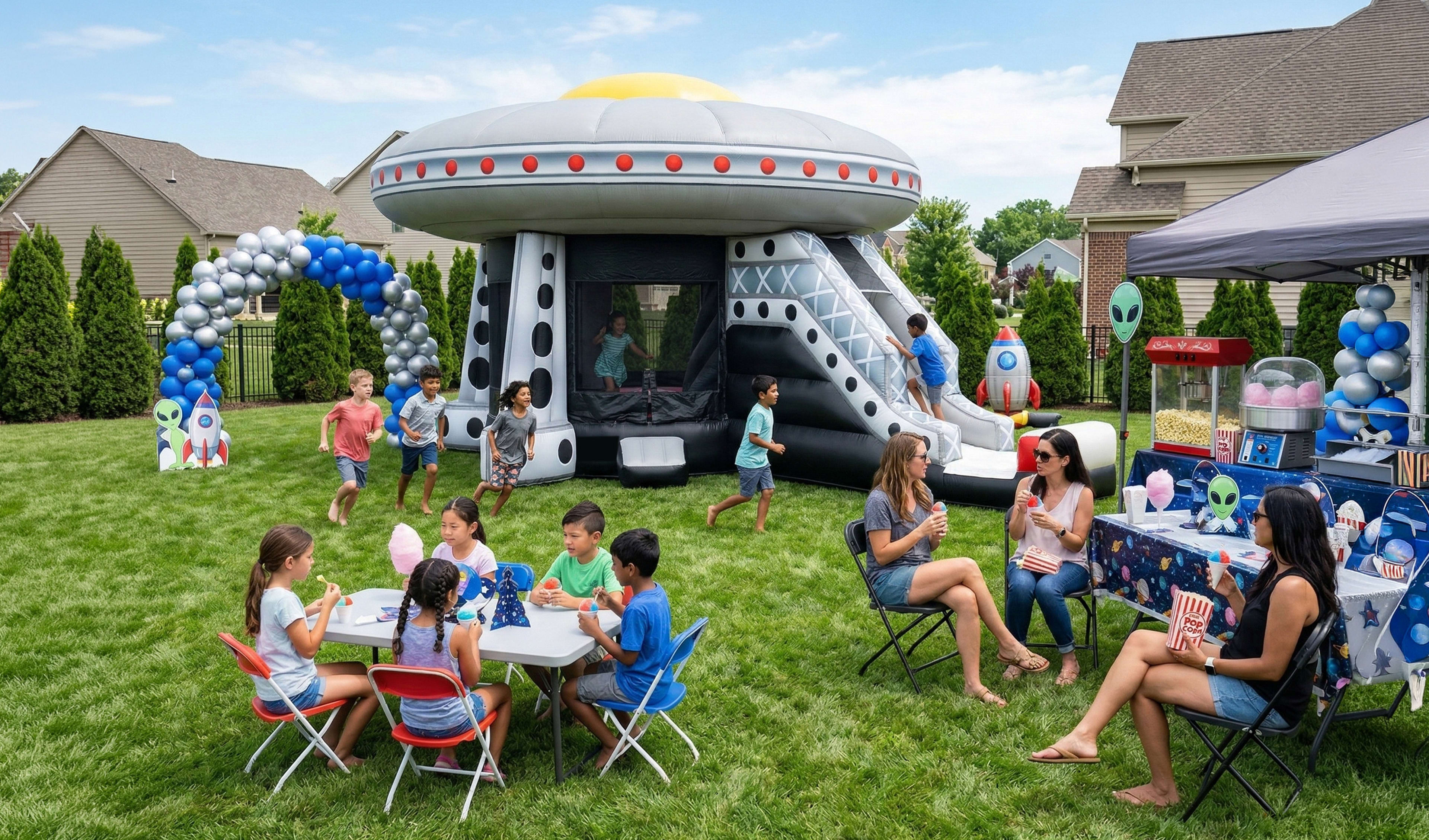 Galaxy-themed event setup with a giant flying saucer inflatable moonwalk and space decor in a suburban Dallas lawn. Adults and kids enjoy a full-service party experience with professional equipment rentals. We provide themed bounce house delivery for cele