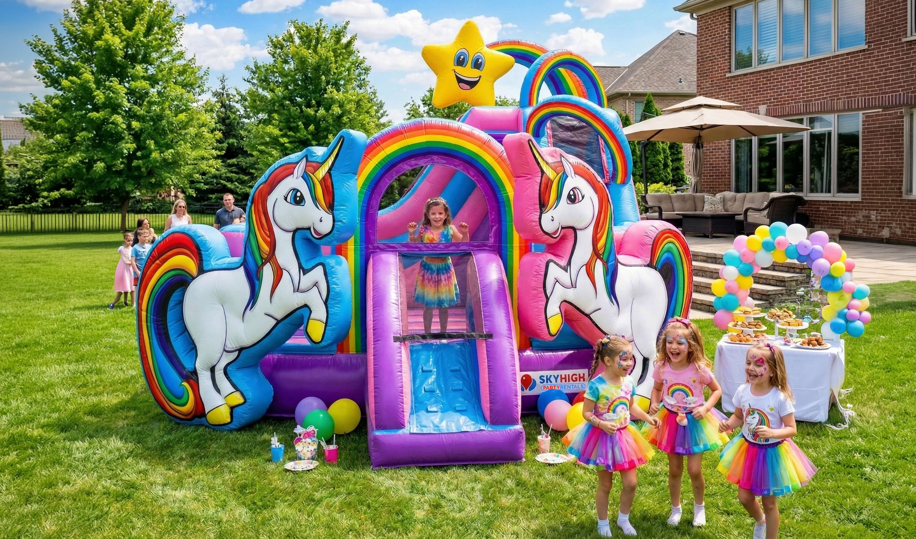 A magical unicorn-themed bounce house combo with a rainbow slide at a backyard birthday party in Houston. Three girls in rainbow tutus play in front of the inflatable, which features large unicorn graphics and a smiling star. This premium party rental is 