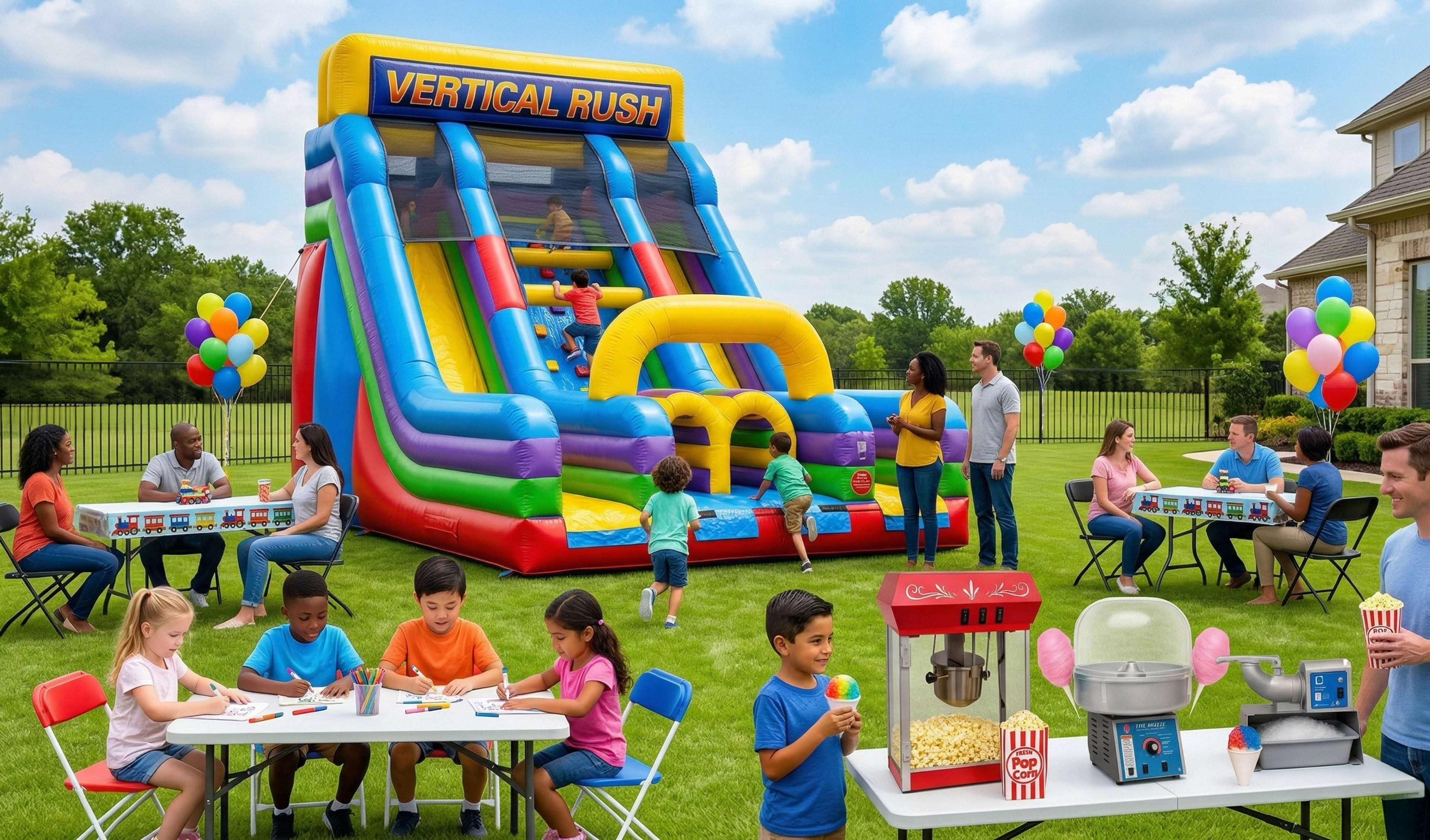Large "Vertical Rush" inflatable slide and rock climb rental at a backyard birthday party in Houston. The scene includes children playing, families seated at tables, and a concession stand featuring a popcorn machine, cotton candy maker, and snow cone mac