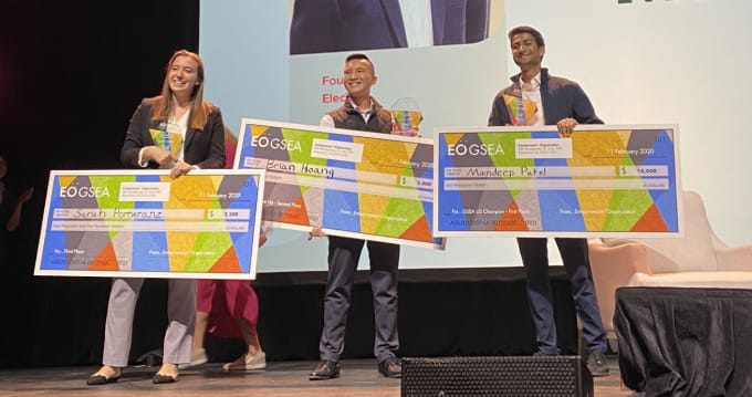 Student entrepreneurs on stage winning the Global Student Entrepreneur Awards