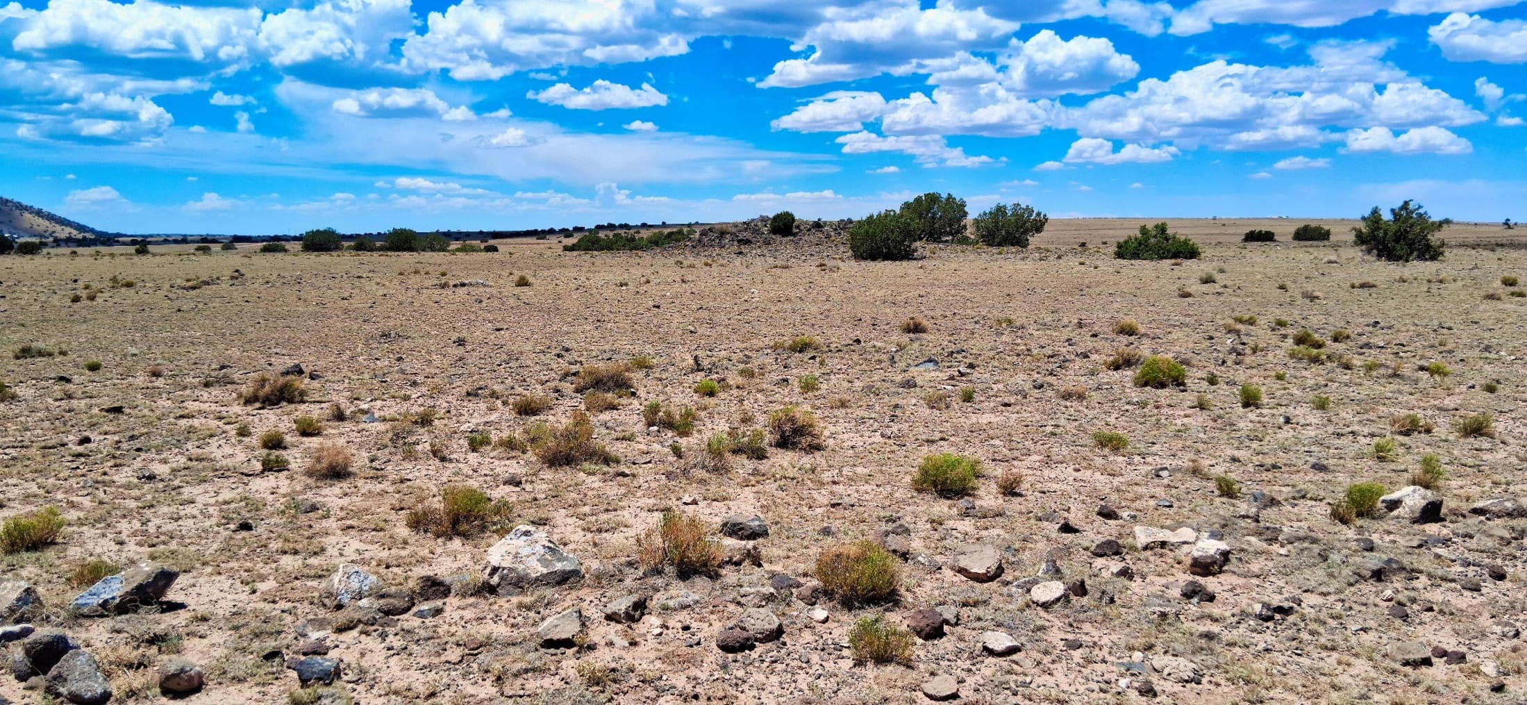 Wide view of rocky high desert scrubland under a bright, partly cloudy sky, Apache County Arizona