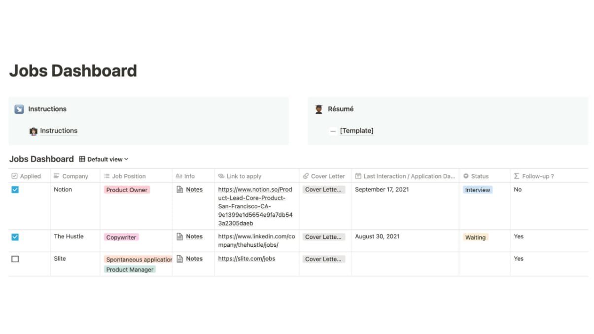 Jobs Dashboard + Resume | Notion Template | Prototion
