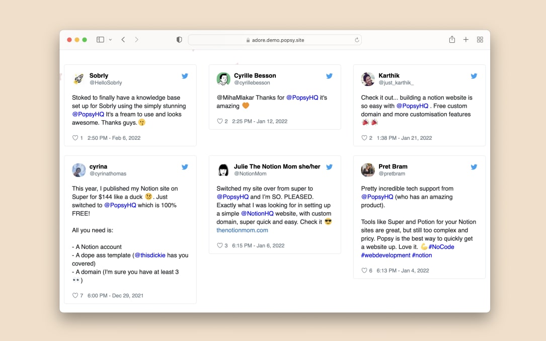 Website Template for Wall of Love | Get Notion Template