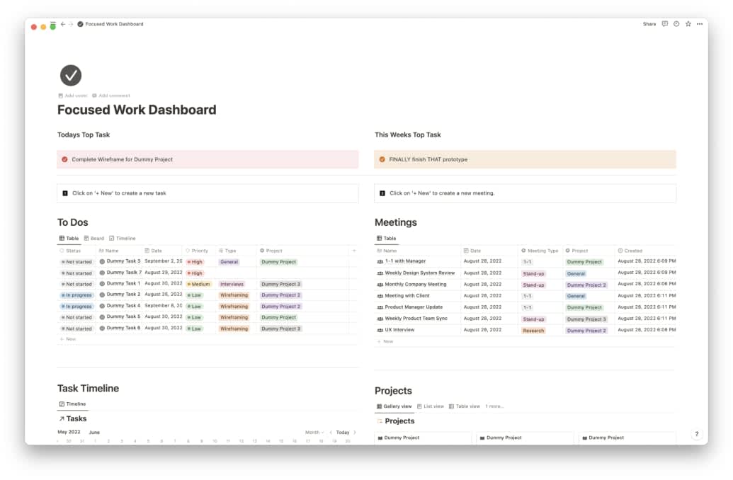 Focused Work Dashboard | Prototion | Buy Notion Template