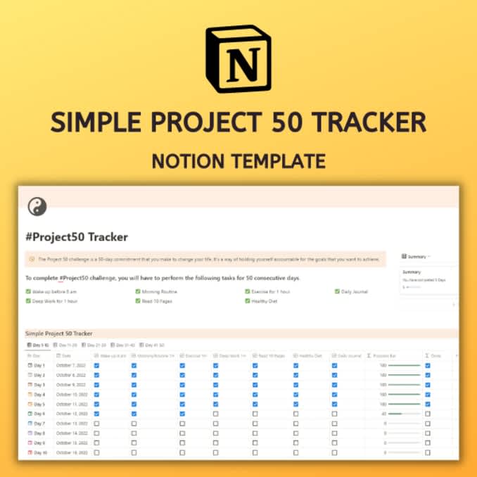 Simple Project 50 Challenge Tracker | Prototion | Notion