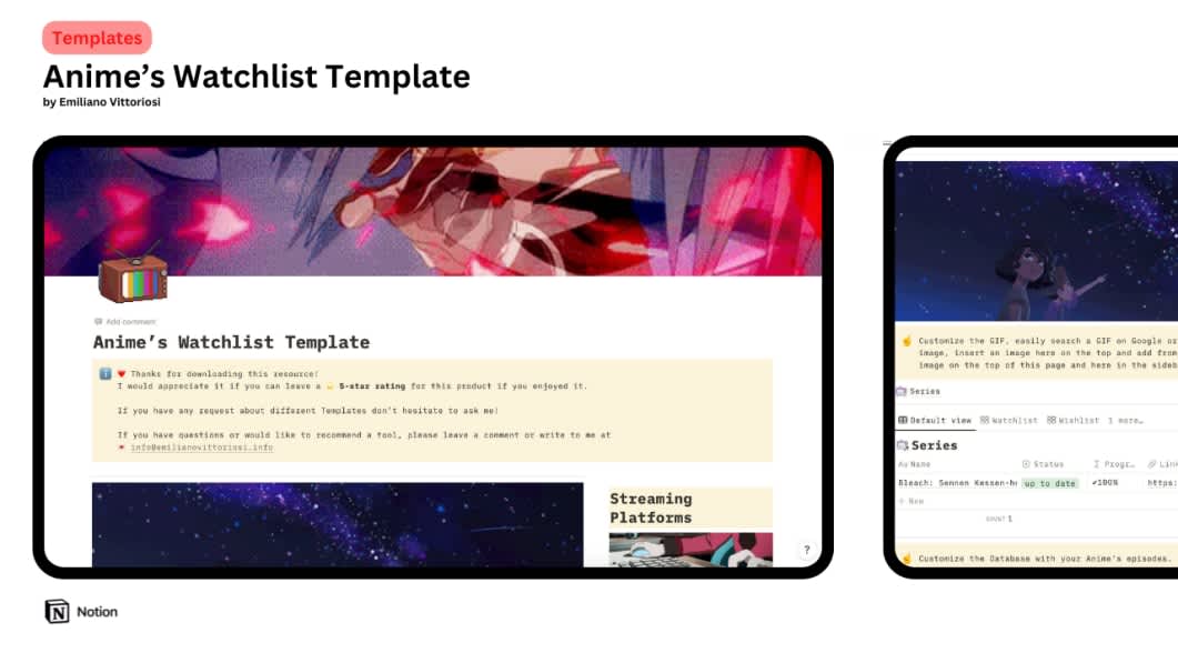 FREE, Watchlist Notion Template, Anime, TV & Movie Tracker