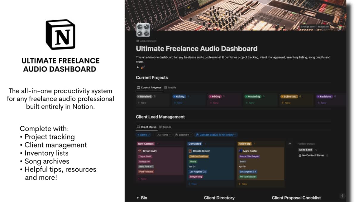 Ultimate Freelance Audio Dashboard | Prototion | Notion