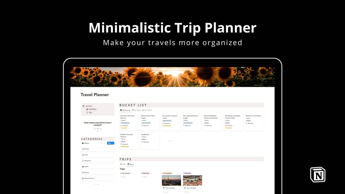 Minimalistic trip planner| Prototion | Buy Notion Template