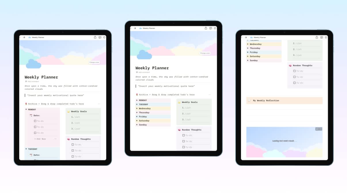 Cotton Candy Clouds Weekly Planner - Notion Template