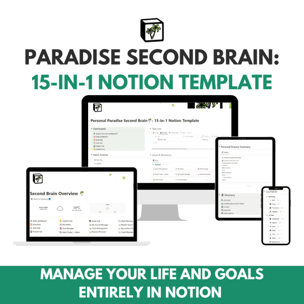 Personal Paradise Second Brain Ultimate 15 in 1 Notion Template 