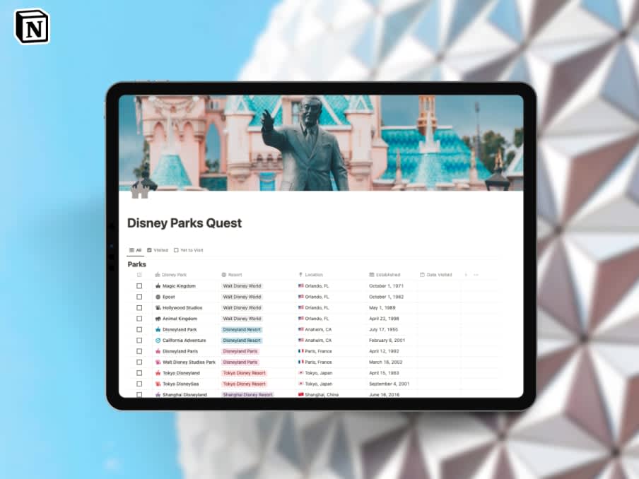 Disney Parks Quest | Prototion | Buy Notion Template