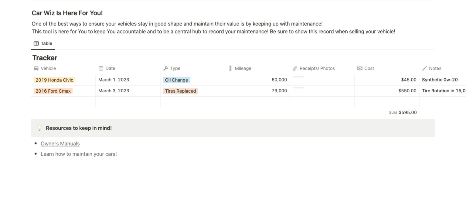 Car Wiz Maintenance Tracker | Prototion | Notion Template