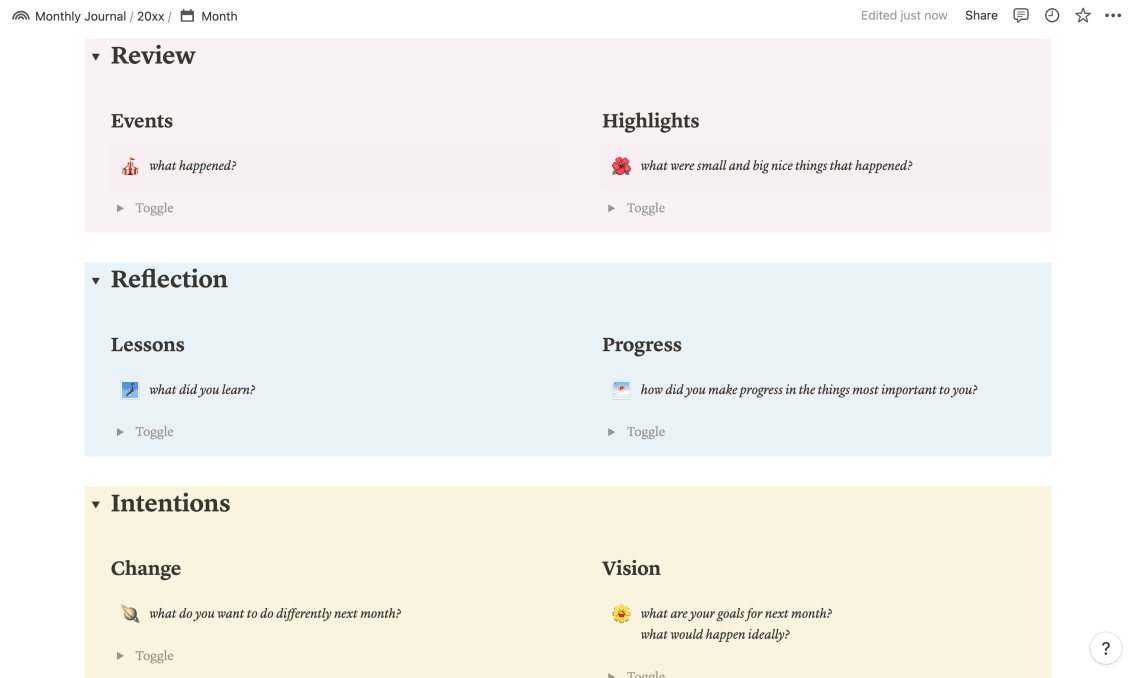Aesthetic Monthly Reflection Notion Template
