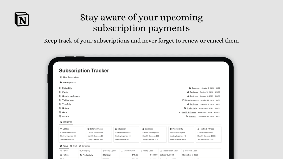 Notion Subscription Tracker | Prototion