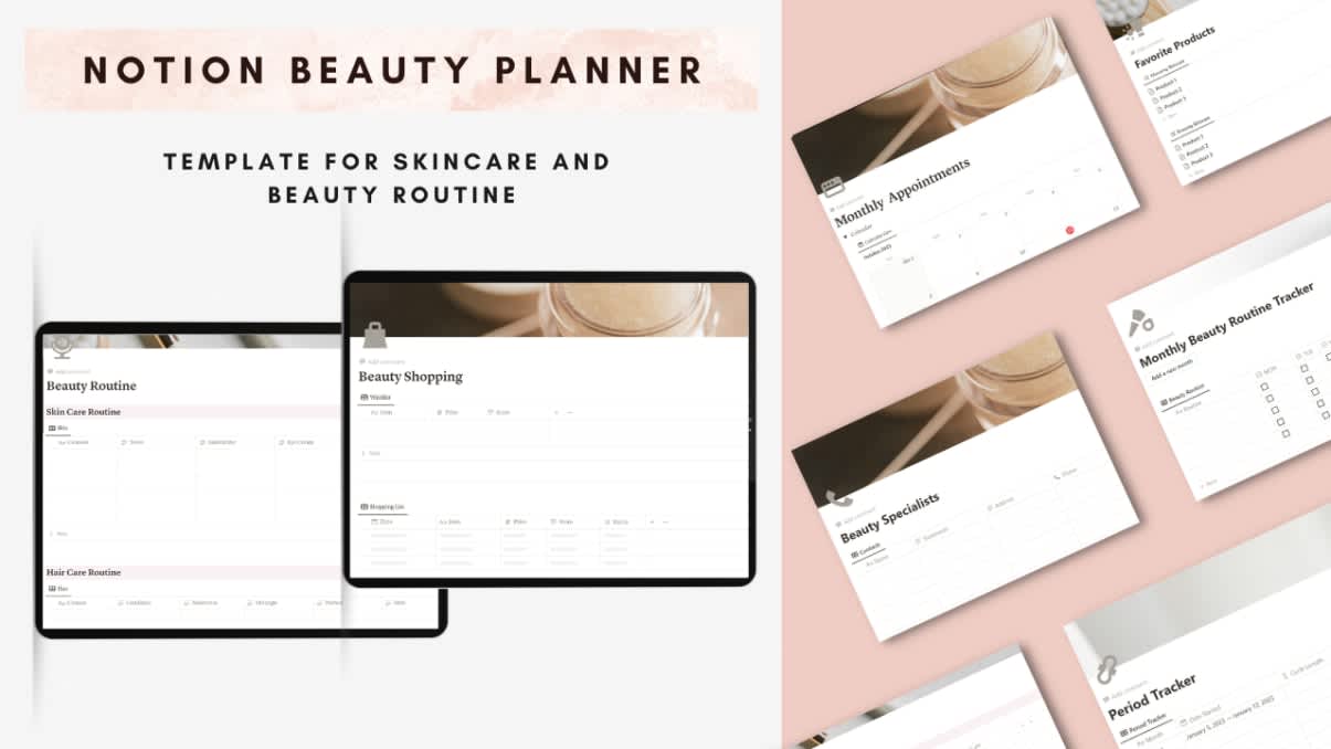 Notion Beauty Planner, Skincare Tracker