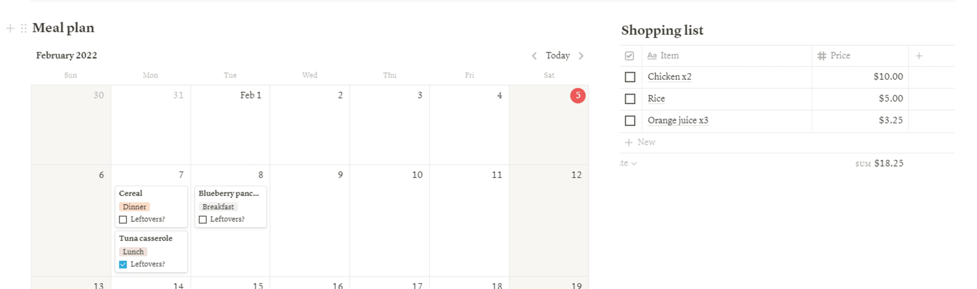Meal plan calendar