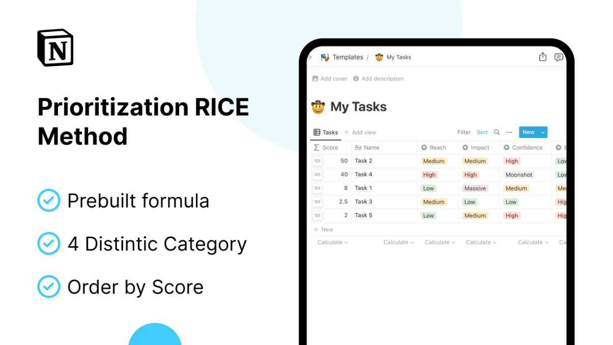 Prioritization RICE Method Prototion Get Notion Template