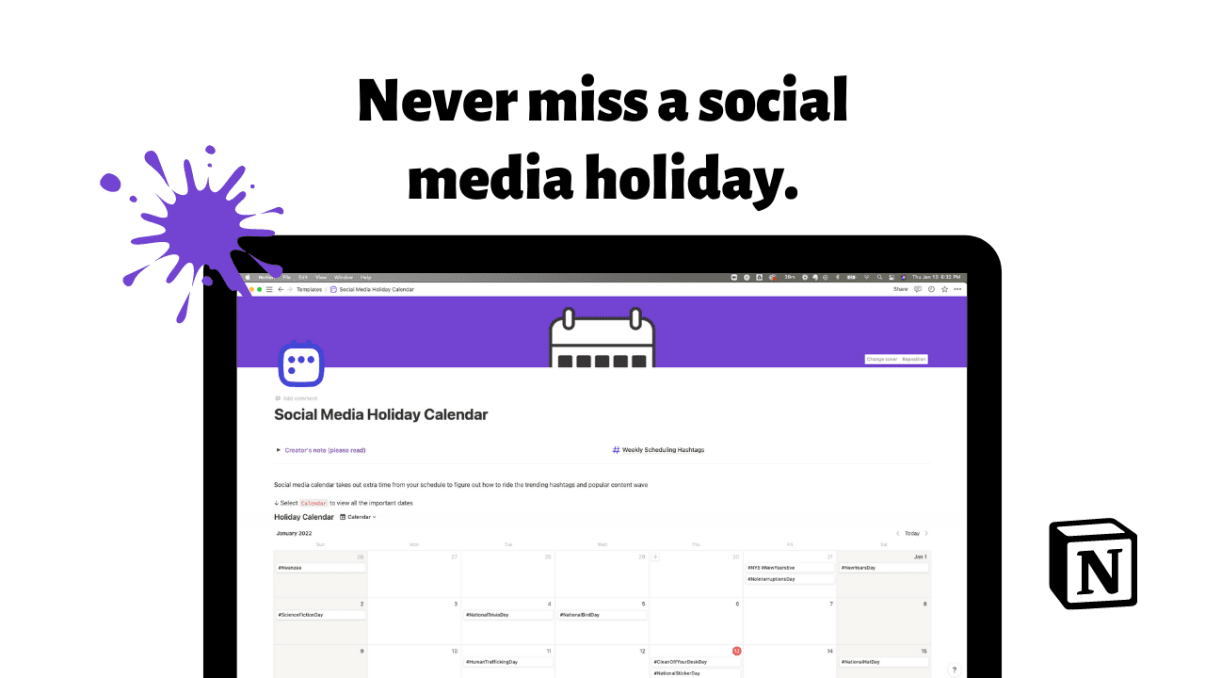 Social Media Holiday Calendar Prototion Notion Template