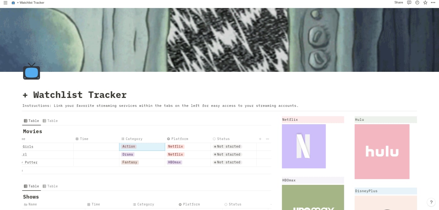 FREE, Watchlist Notion Template, Anime, TV & Movie Tracker