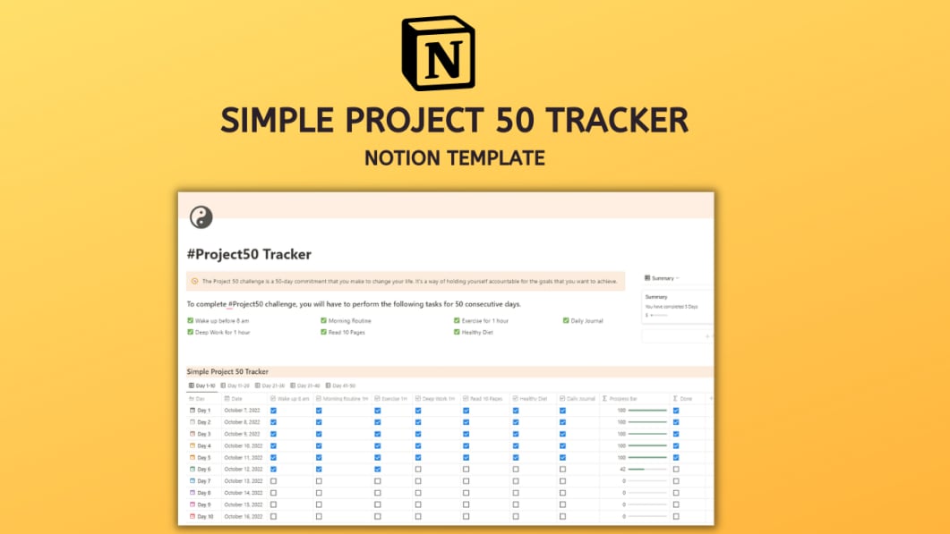 Simple Project 50 Challenge Tracker Prototion Notion