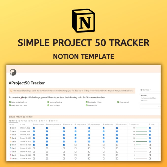 Simple Project 50 Challenge Tracker Prototion Notion