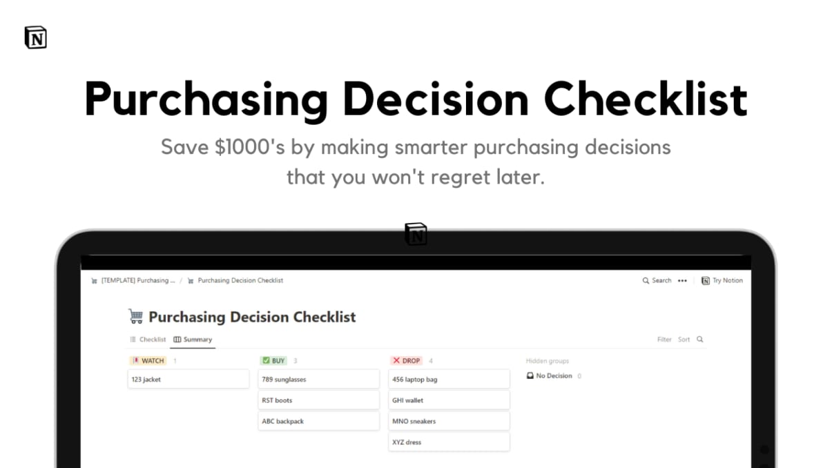 Purchasing Decision Checklist | Prototion | Notion Template