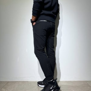NEW STDダブルクロスストレッチリブパンツ/BLACK×BLACK LOGO (UNISEX)