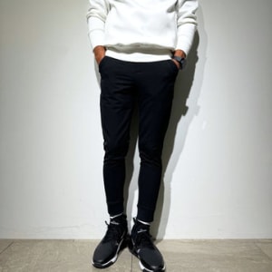 NEW STDダブルクロスストレッチリブパンツ/BLACK×BLACK LOGO (UNISEX)