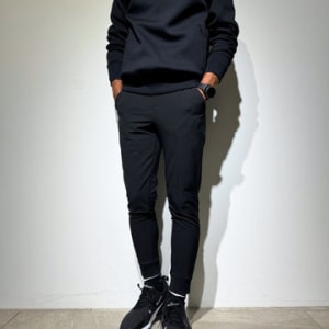 NEW STDダブルクロスストレッチリブパンツ/BLACK×BLACK LOGO (UNISEX)