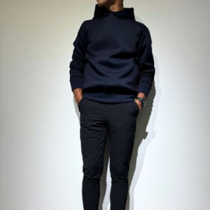 NEW STDダブルクロスストレッチリブパンツ/BLACK×BLACK LOGO (UNISEX)