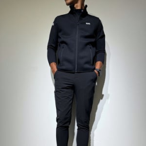NEW STDダブルクロスストレッチリブパンツ/BLACK×BLACK LOGO (UNISEX)