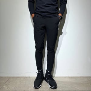 NEW STDダブルクロスストレッチリブパンツ/BLACK×BLACK LOGO (UNISEX)