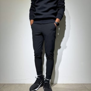 NEW STDダブルクロスストレッチリブパンツ/BLACK×BLACK LOGO (UNISEX)