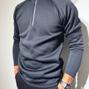 NEW STD裏起毛ハーフジップ ストレッチハイネック ロングスリーブTシャツ/BLACK (UNISEX)