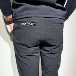 NEW STDダブルクロスストレッチリブパンツ/BLACK×BLACK LOGO (UNISEX)