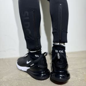 NEW STDダブルクロスストレッチリブパンツ/BLACK×BLACK LOGO (UNISEX)