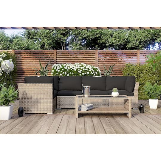 Nordic Outdoor Flynn 5-sits Loungesoffa Hörn inkl Bord m Hylla Sand/Mörkgrå