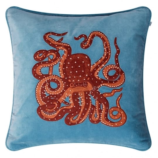 Chhatwal &amp; Jonsson Embroidered Octopus Kissenbezug Samt Heaven Blau/Orange/Rosa 50x50