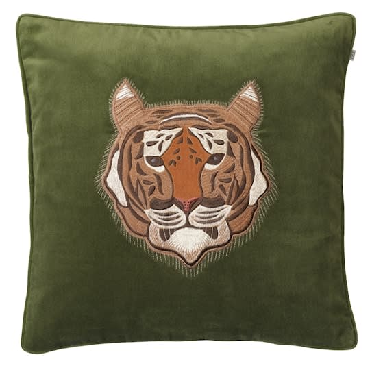 Chhatwal &amp; Jonsson Embroidered Tiger Kissenbezug Samt Kaktusgrün 50x50
