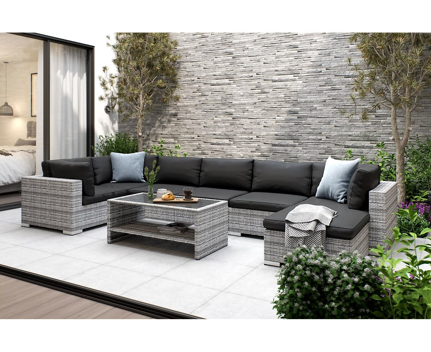 Nordic Outdoor Bora 7-seters lounge sofa inkl. sofa/bord med hylle Grå