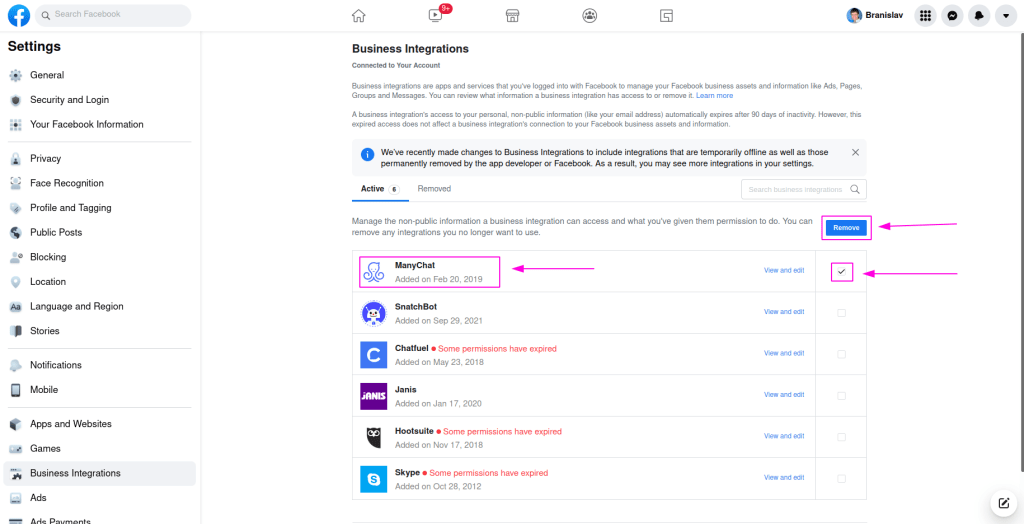 Completely remove ManyChat from all your Facebook pages