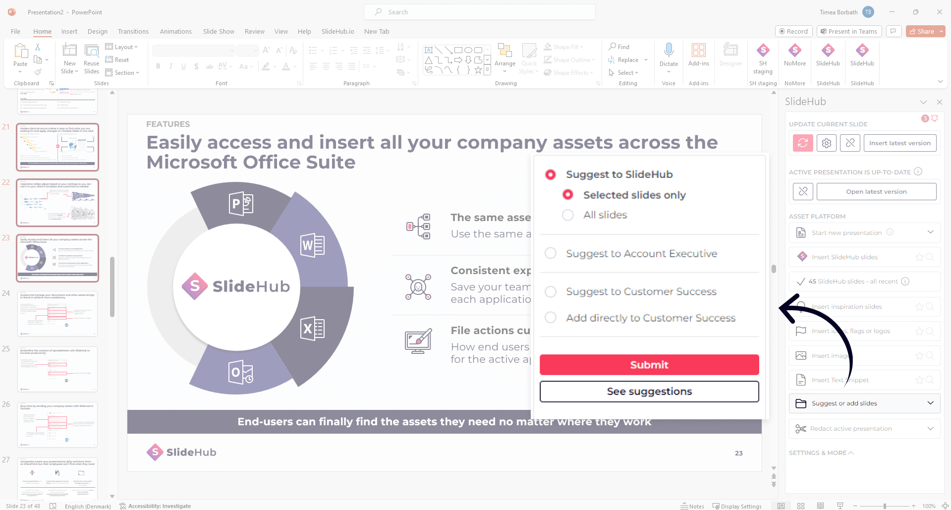 Screenshot of the Suggest slide feature in the PowerPoint add-in