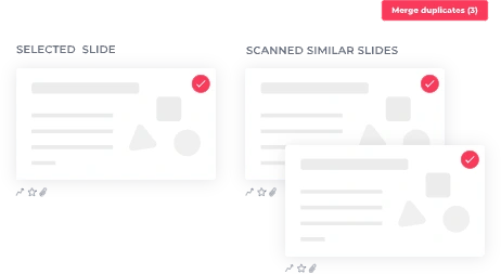 Visual representation of scanning for duplicate slides and merging them in the presenation management software to keep your slide library clean