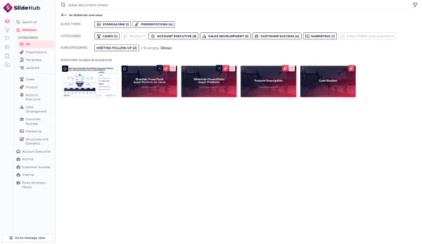 Visual demonstrating how to find slides quickly on the presentation management platform