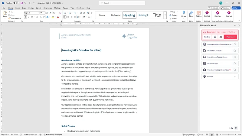 Screenshot of a version control notification showing a document is outdated